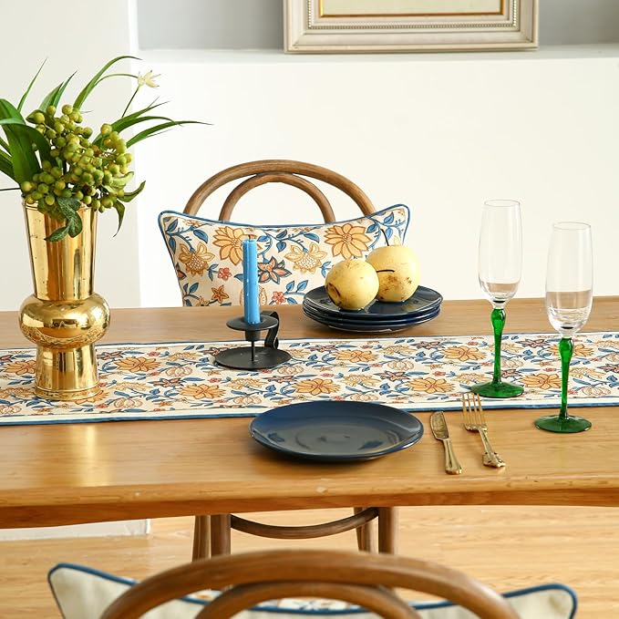 ISAENNE Designer Bohemian Elegant Linen Table Runner 102 Inches Long,Floral Pattern Duable Decor Table Runners for Dining Tables,Thanksgiving,Kitchen Tables,Christmas,12"*102"-Estevan B