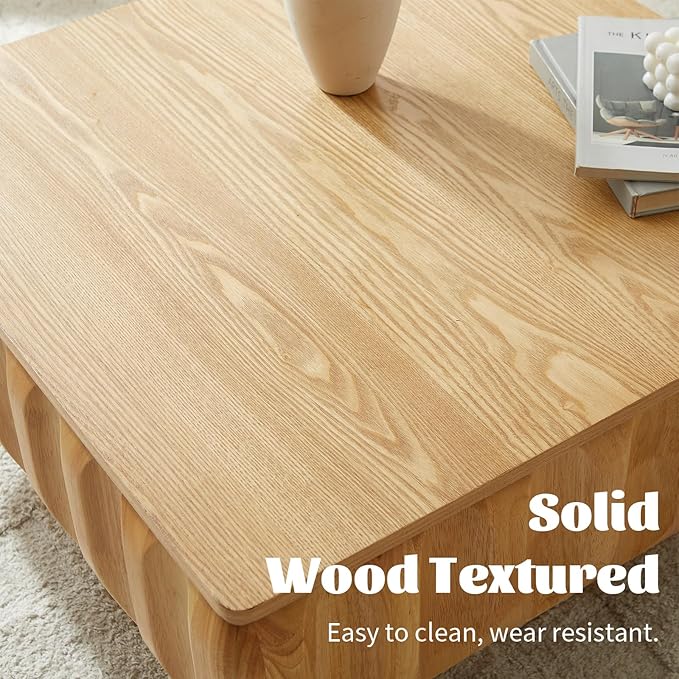 31" Lift Top Coffee Table for Living Room, Fluted Coffee Table with Hidden Storage, Mid Century Modern Solid Wood Veneer Square Center Table for Office Apartment Small Space, Natural