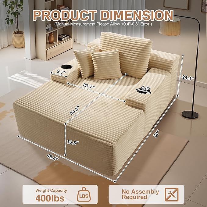 Chaise Lounge Chair Indoor, 67" Oversized Comfy Plush Fur Sleeper Sofa Bed with Cup Holders and Wide Armrests, Boneless Upholstered Recliner Bed, Modern Cloud Couch for Living Room, Beige