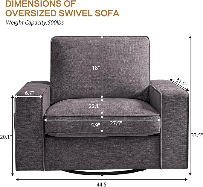 Swivel Accent Chair for Living Room Comfy Single Sofa Chair Soft&Breathable Padding with Extra Wide Armrests Washable Detachable Cover (Dark Gray)