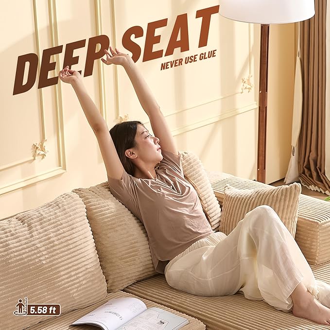 138" Boneless Couch with Deep Seat, Modular Sectional Sofa, Cloud Sectional Couch for Living Room, No Assembly Required, Corduroy, U-Shape 4 Seater Right, Camel