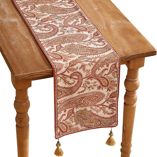 Designer Elegant Red Linen Table Runner 87 Inches Long,Vintage Paisley Pattern Durable Table Runners for Dining Tables,Thanksgiving,Kitchen Tables,Christmas,12"*87"-Chauffrey A
