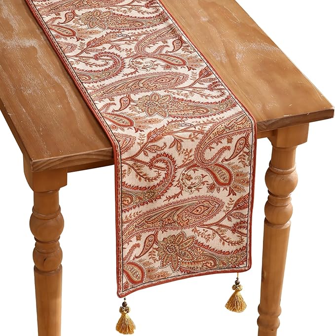ISAENNE Designer Elegant Red Linen Table Runner 102 Inches Long,Vintage Paisley Pattern Durable Table Runners for Dining Tables,Thanksgiving,Kitchen Tables,Christmas,12"*102"-Chauffrey A