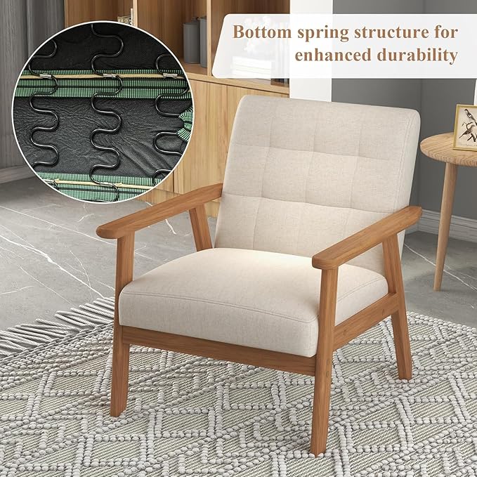 Westice Accent Chair 1PC, Mid-Century Modern Living Room Chairs with Solid Wood Frame & Soft Thicken Cushion, Upholstered Reading Arm Chair for Bedroom, Balcony, Beige Linen Fabric & Natural Legs