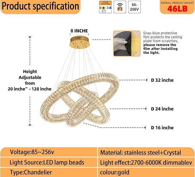 Gold 3 Rings Crystal Chandeliers for Dining Room Foyer High Ceiling 120'' Long Staircase Hanging Pendant Light D16+D24+D32 3000-6000K LED Dimmable