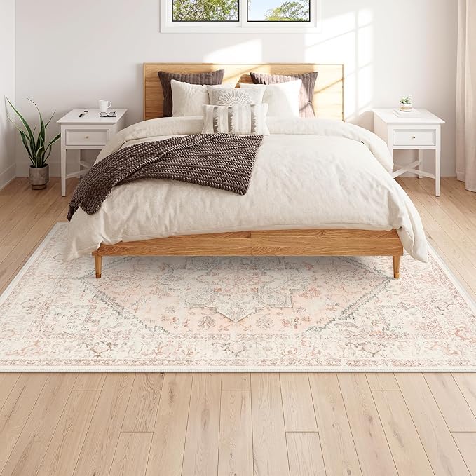 LIVEBOX Large Vintage Area Rug 6x9 - Washable Retro Tribal Pink Rug for Living Room, Soft Boho Anti-Skid Carpet Low-Pile Stain Resistant Floral Rugs for Girl Room Office