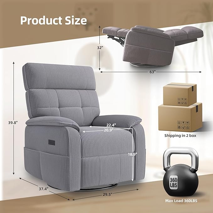 Overized Power Swivel Rocker Recliner Chair,Comfy Corduroy Sofa Reclining for Adults,Adjustable Rocker Reclining Sofa Lounge with USB&Type-C Ports,Side Pocket,for Living Room,Grey