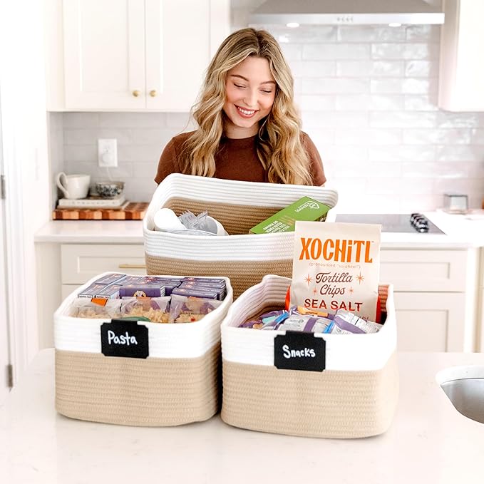 NaturalCozy Storage Baskets 16.8”x13”x7.6” Cotton Rope Woven Baskets for Organizing 3-Pack | Toy Storage Bins | Basket for Shelves, Laundry, Blanket, Clothes, Closet, Kitchen, Bathroom, Gifts