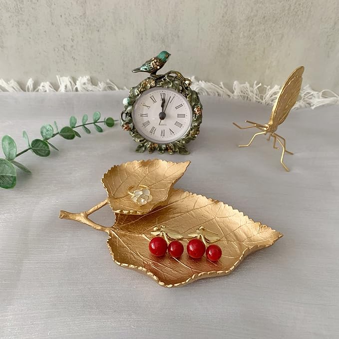 Jewelry Dish, Metal Trinket Dish Leaf Shaped Ring Holder Jewelry Organizer Vanity Dish Tray for Dresser Christmas Birthday Wedding Gifts Double Mulberry leaves