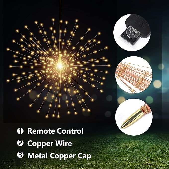 200 LED Starburst Sphere Lights,Firework Light Battery Powered, Tent Chandelier Remote Control, Waterproof Hanging Lights for Gardens Courtyards Porches Christmas Party Home Decor（Warm White）