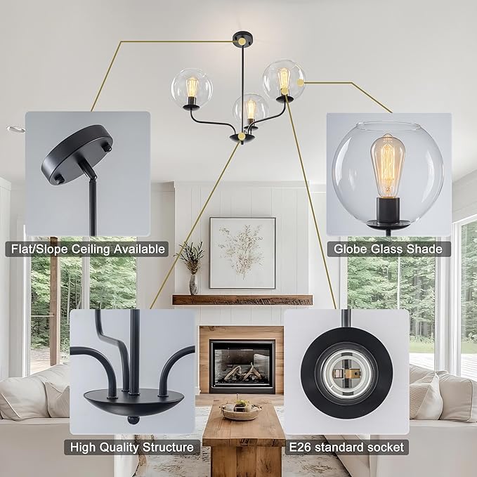 3-Light Modern Globe Cluster Pendant Lighting Chandelier with Clear Glass Spheres and Black Metal Frame