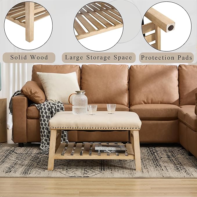 Large Square Coffee Table with Storage,Modern Faux Leather Ottoman Coffee Table,Luxury Upholstered Couch Table for Living Room/Sofa/Bedroom,Beige