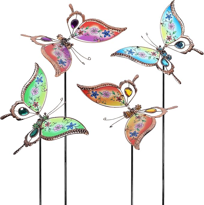 Juegoal Set of 4 Butterfly Garden Stake Decor, 32" Metal Colorful Butterflies Stakes, Yard Art Ornaments for Mom, Mothers Day Ideal Gifts, Outdoor Lawn Porch Pathway Patio Plant Pot Flower Bed