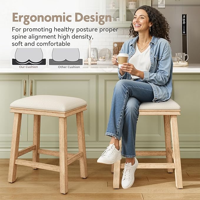 MAISON ARTS Off White Counter Height 24 inch Bar Stool for Kitchen Counter Solid Wood Leg with Faux Leather Padded Seat Farmhouse Barstool for 34"-38" Counter Island Upholstered Stool