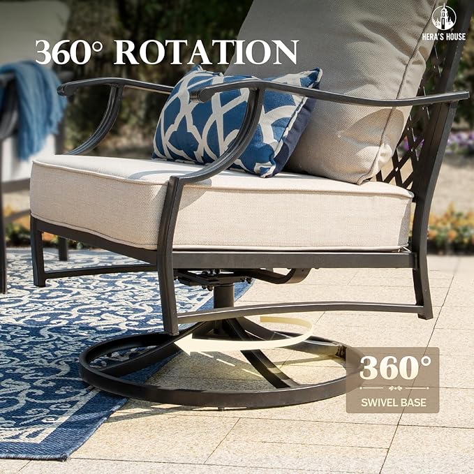 HERA'S HOUSE 4 Piece Patio Furniture Set, 2 x Swivel Cushioned Chair, 3-Seat Sofa with Marbling Coffee Table, All Weather Outdoor Conversation Set for Lawn Garden Backyard