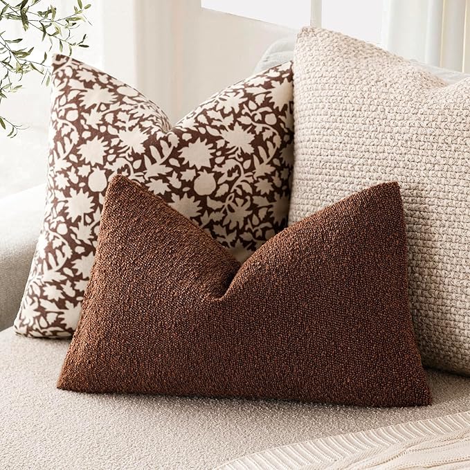 Foindtower Pack of 2 Textured Boucle Throw Pillow Covers Accent Solid Decorative Lumbar Pillow Cases Cozy Couch Cushion Case for Chair Sofa Bedroom Living Room Home Decor 12x20 Inch Red Taupe