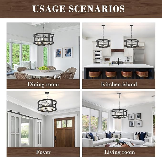 4-Light Farmhouse Chandelier, 20" Black Light Fixture with Glass Shade Modern Drum Lighting Fixtures Ceiling Pendant Lamp for Dining Room Kitchen Island Entrance Foyer Living Room Bedroom