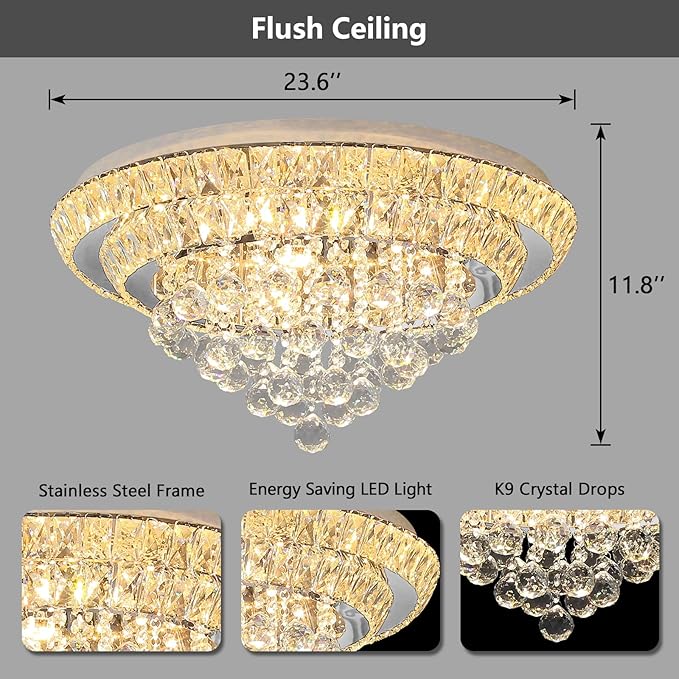 Modern Glam Crystal Chandelier Dining Room Bedroom Ceiling Lights Chandelier with Dimmable Bulbs Ceiling Lighting Fixture 23.6 Inches Silver Light