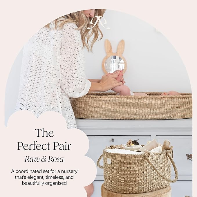 BEBE BASK Premium Baby Changing Basket - Artisan-Crafted Seagrass With Extra High Sides - Changing Basket for Baby Dresser - All Accessories Included - Complete Set for Nursery (Natural)