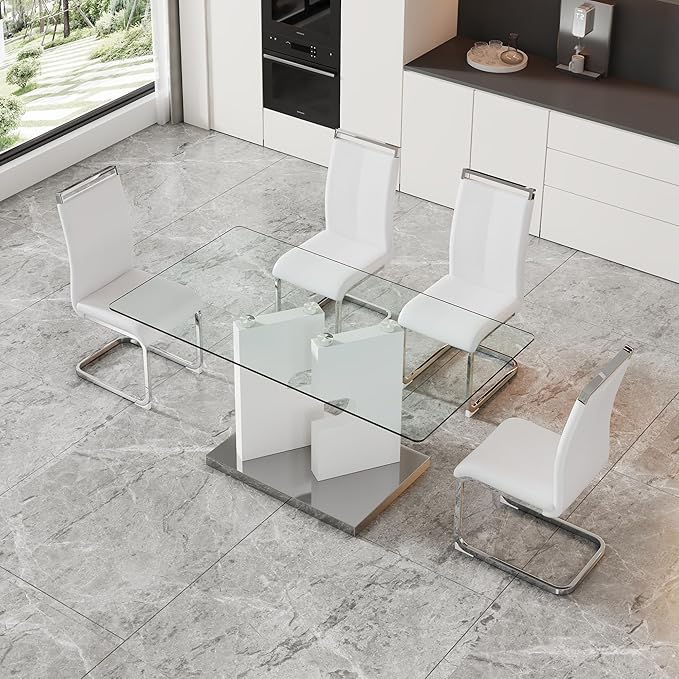 Glass Dining Table Set of 4, 63" Dinner Room Glass Table Set for 4, Modern Kitchen Dinner Table Set with 4 Upholstered Faux Leather Dining Chairs for Living Dining Office Room