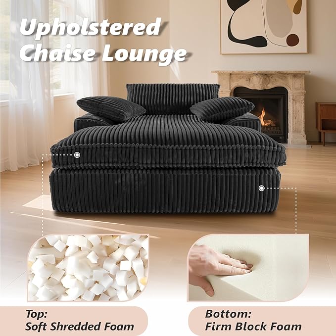 Oversized 67" Chaise Lounge Chair Indoor, Corduroy Upholstered Deep Seat Sofa Couch, Cloud-Soft Boneless Lounger, Comfy Reading Chairs for Living Room & Bedroom, No Assembly Required (Black)