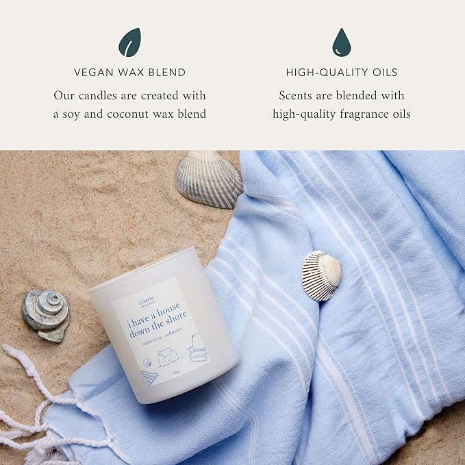 Literie NJ Inspired Scented Candle: I Have a House Down The Shore - Sunscreen & Saltwater Scented, 9oz, 50 Hour Burn, Vegan Soy & Coconut Blend Candle for Home Decor, Gift for Women & Men