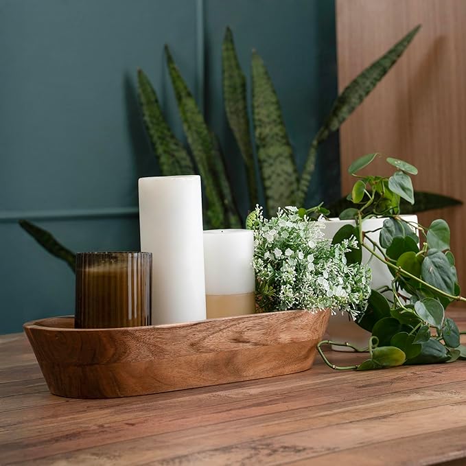 Wooden Dough Bowl – Handmade Decorative Bowls for Home Decor, Bathroom, Kitchen Counter & More - Acacia Wood Large Dough Bowl Fits Cosmetics, Keys & Other Knick Knacks – Great Boho Home Decorations