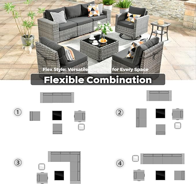 ovios 8 Pieces Patio Furniture Set, Outdoor Wicker Sectional Sofa with Swivel Chair Coffee Table, Modern Modular Deep Seat Rattan Couch Conversation Sets, Black