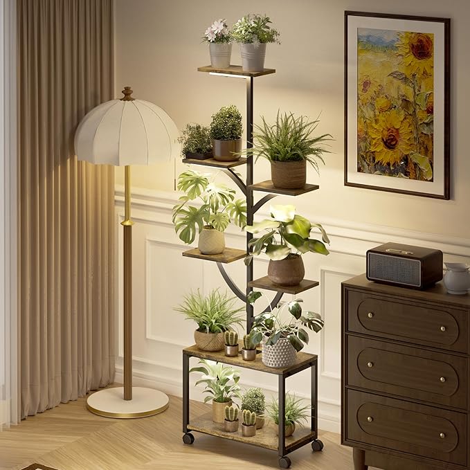 Plant Stand Indoor with Grow Lights, 7-Tiered Large Metal Plant Shelf with Wheels, 60" Tall Plant Stand for Plants Multiple, Large Corner Shelves Metal Display Rack Flower Holder for Living Room, Patio, Balcony