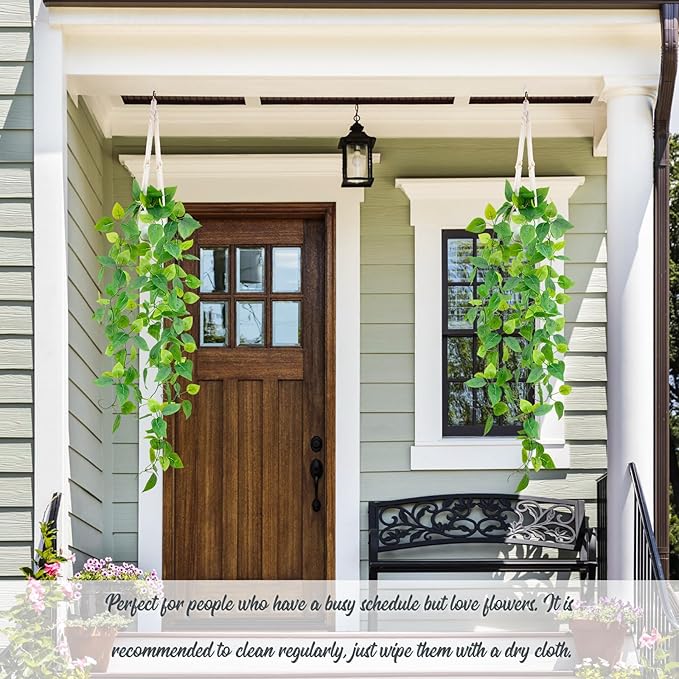 LOYWREE 1 Pack Artificial Hanging Plant Kit with Pot and Hanger - 39" Long Fake Pothos Vines - Hanging Potted Faux Plant Indoor for Wall Ceiling Bedroom Bathroom Living Room Home Decor (White Pot)