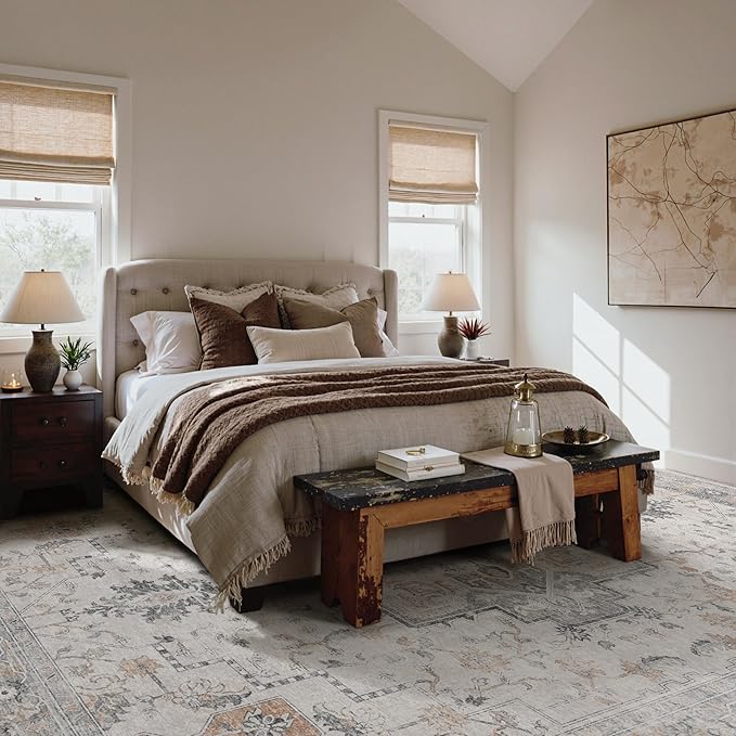 GENIMO 10x13 Area Rugs for Living Room, Non Slip Machine Washable Vintage Rugs, Low Pile Lightweight Chenille Print Large Rug for Bedroom, Dining Room, Home Office, Light Taupe Brown