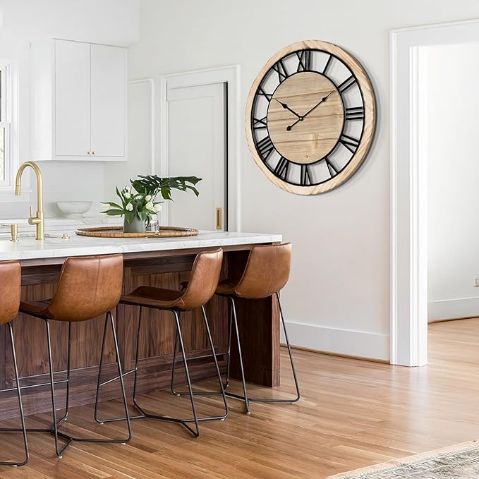 LEIKE 30 Inch Extra Large Wall Clock - Rustic Wooden Nearly Silent Wall Clock with Black Metal Frame, Vintage Farmhouse Decorative for Living Room, Bedroom, Kitchen - Roman Numerals, Modern Design