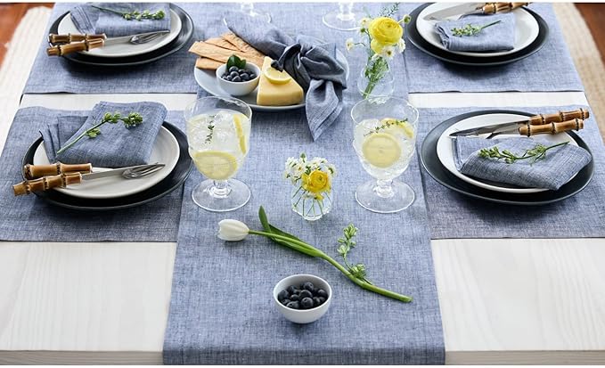 Solino Home Linen Table Runner 72 Inches Long - Athena, 100% Pure Linen Chambray Indigo Table Runner 14 x 72 Inch for Dining, Christmas, Holiday