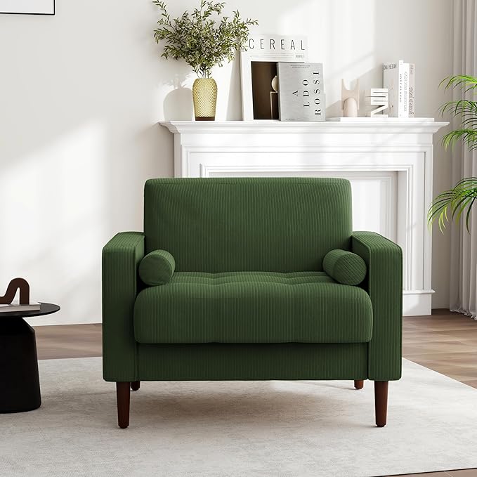 UIXE Accent Chairs Set of 2, Corduroy Fabric Upholstered Armchair Mid-Century Modern Arm Chair for Living Room, Comfy Single Sofa Bedroom Side Reading Seat - Green