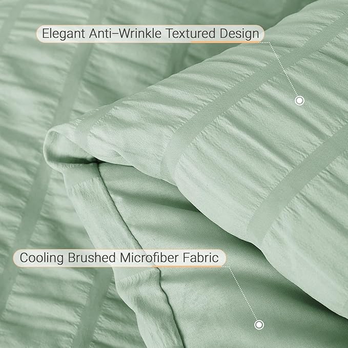 MUXHOMO 7 Pieces King Comforter Set, Seersucker Bed in a Bag King Size, All Season Luxury Bedding Set with Comforter, Flat Sheet, Fitted Sheet, Pillowcases & Shams, Sage Green