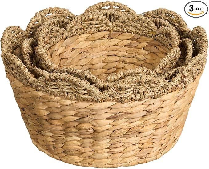 Isidore Water Hyacinth Storage Baskets, Round Woven Set of 3, Natural Brown, Multi-Use for Kitchen and Bathroom