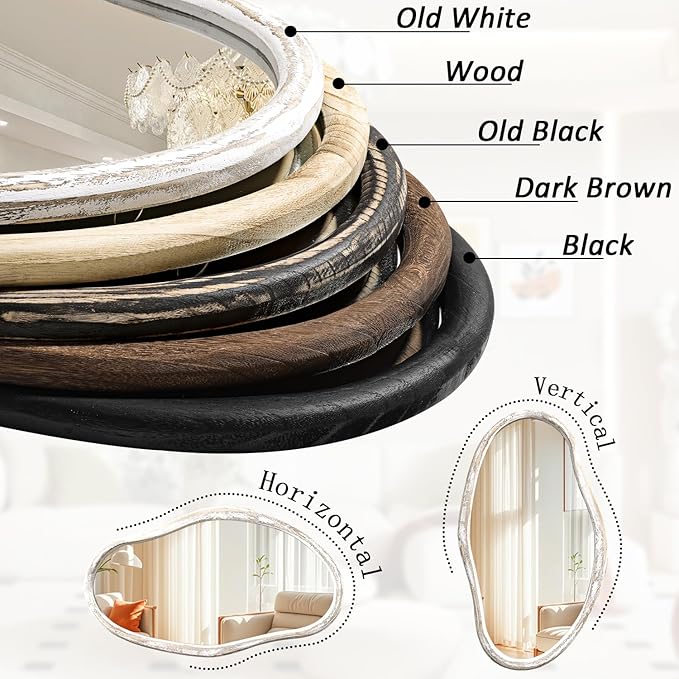 JJUUYOU Irregular Wall Mirror Asymmetrical Wooden Frame Modern Hanging Mirror 30"x18" Large Wall Mounted Makeup Dressing Mirrors for Bathroom Bedroom Living Room Hallway White