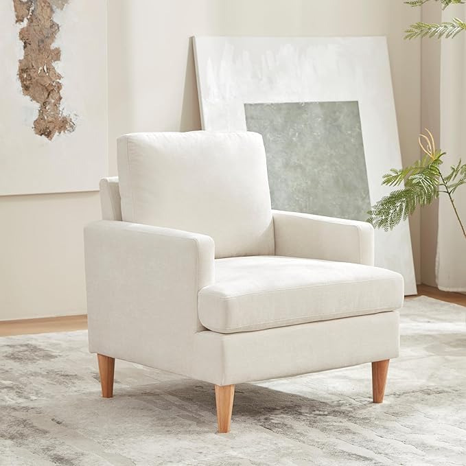 VKNOW Mid-Century Accent Chairs Set of 4, Modern Upholstered Chenille Armchair for Living Room,Comfy Reading Accent Chairs with Wood Legs for Bedroom, Beige