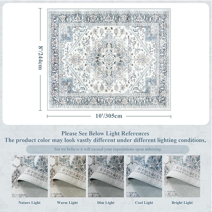 LIVEBOX Washable Area Rug 8x10 - Large Blue Vintage Tribal Living Room Rug Oriental for Bedroom, Non-Slip Retro Medallion Carpet Print Distressed for Dining Room Guest Office