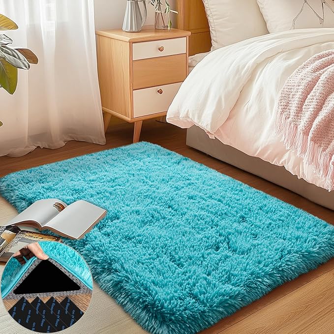 2x3 Area Rug for Bedroom, Small Rugs for Living Room Nursery Kids Room Dorm Home Decor Aesthetic, Fluffy Shaggy Rug with 4 Anti-Slip Carpet Tapes, Teal Blue