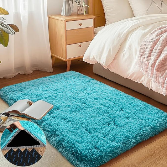 2x3 Area Rug for Bedroom, Small Rugs for Living Room Nursery Kids Room Dorm Home Decor Aesthetic, Fluffy Shaggy Rug with 4 Anti-Slip Carpet Tapes, Teal Blue