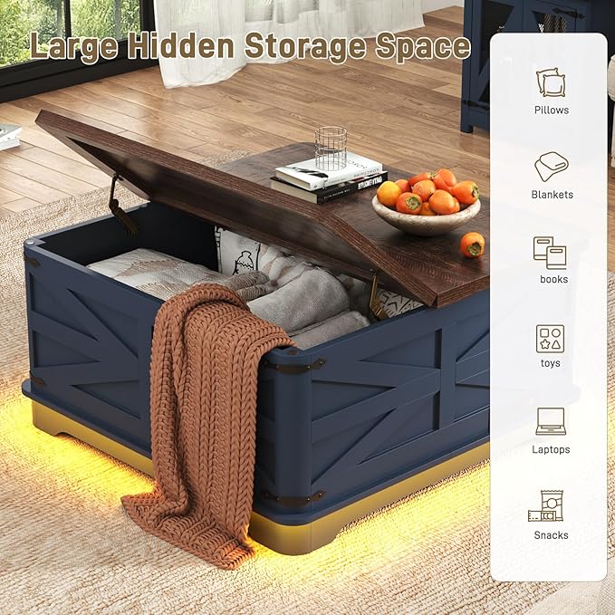 36" Farmhouse LED Lift Top Coffee Table with Storage and Power Outlets, Square Wood Living Room Tables with LED Lights & Large Hidden Space, Lift Wooden Barn Door Center Table, Navy Blue