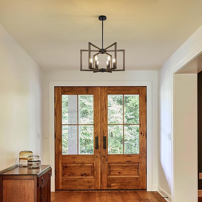 6-Light Kitchen Island Pendant Lights，Modern Farmhouse Kitchen Ideas Light Fixture，Industrial Hanging Chandelier for Dining Room，Wood Grain Finish and Black Chandelier for Foyer