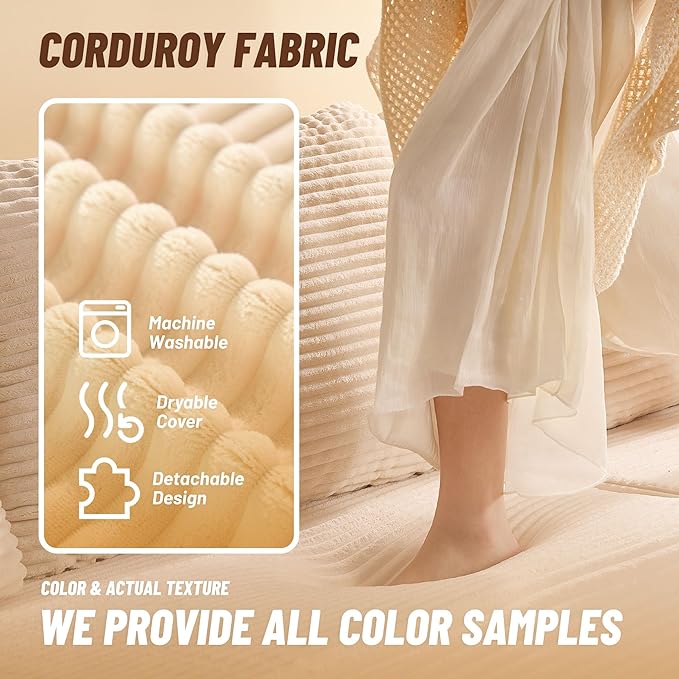 107" Boneless Couch with Deep Seat, Modular Sectional Sofa, Cloud Sectional Couch for Living Room, No Assembly Required, Corduroy, L-Shape Right，White