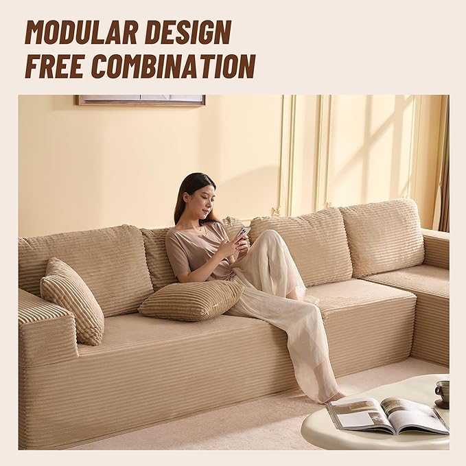 138" Boneless Couch with Deep Seat, Modular Sectional Sofa, Cloud Sectional Couch for Living Room, No Assembly Required, Corduroy, 4 Seater L-Shape Right, Camel
