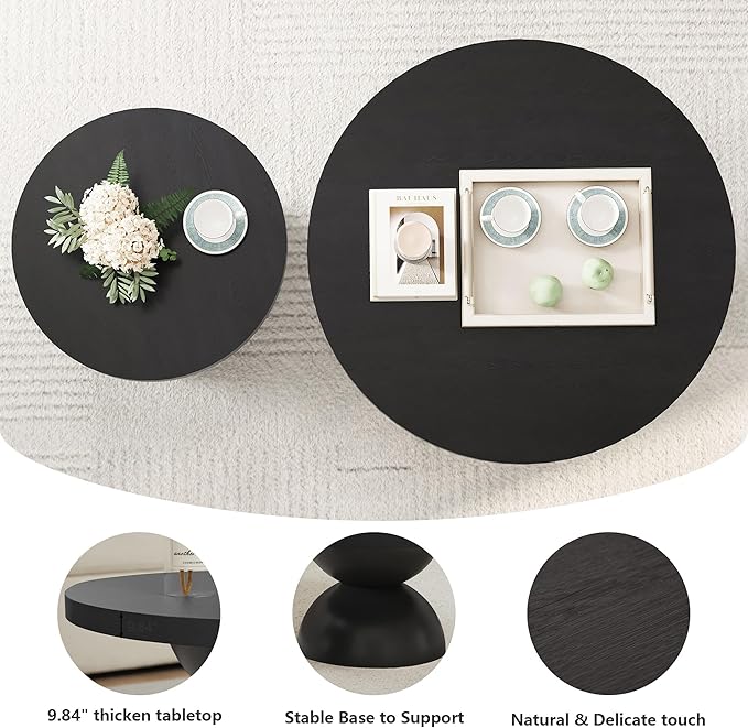 Solid Wood Round Nesting Coffee Table Set of 2, Circle Accent Tables with Unique Semi-Circular Legs, Mid Century Modern Side End Table Set for Small Space Living Room Office (Black)