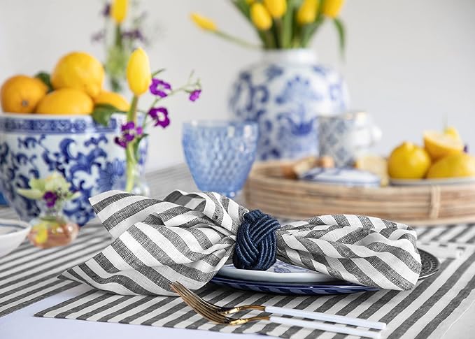 Solino Home Linen Napkins Set of 4-100% Pure Linen Amalfi Stripe Black and White Cloth Dinner Napkins 20 x 20 Inch for Fall, Autumn, Halloween, Thanksgiving - Handcrafted and Machine Washable