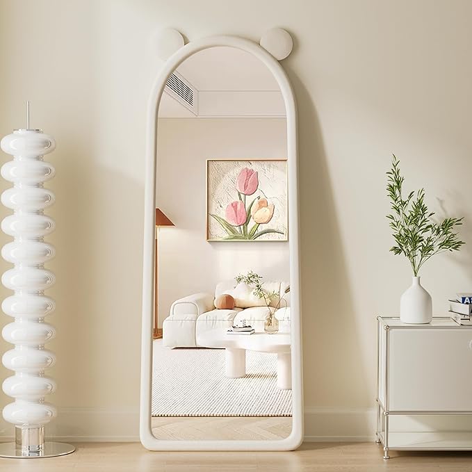 Full Length Mirror, Arched Wavy Floor Mirror with Stand, 63"x24" Wall Mirror Full Length, Freestanding Mirrors Hanging or Leaning, Large Body Mirrors with Flannel Frame for Bedroom (Ear White)