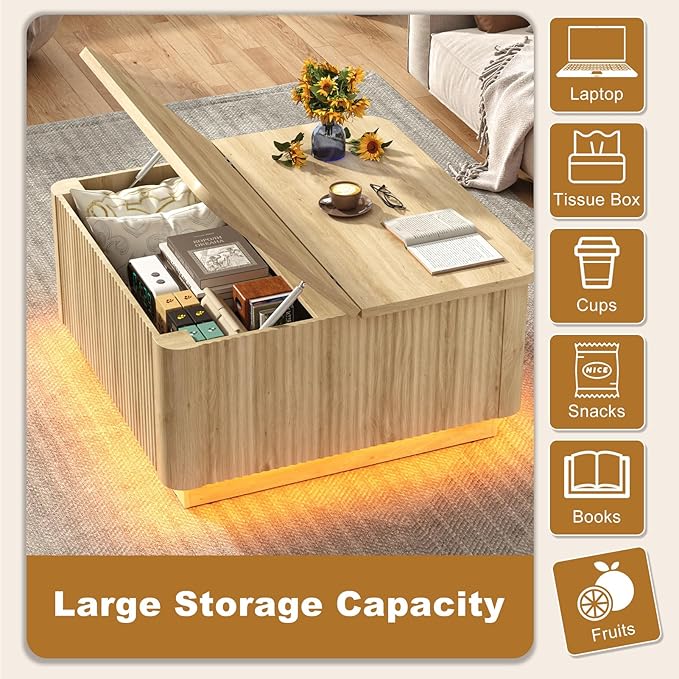 Lift Top Coffee Table with Storage,Wood Square Coffee Tables W/6000-Colors Lighting,Multi-Function Groove Texture Center Table W/Large Hidden Space for Living Room,Bedroom,Home,Office(OAK)