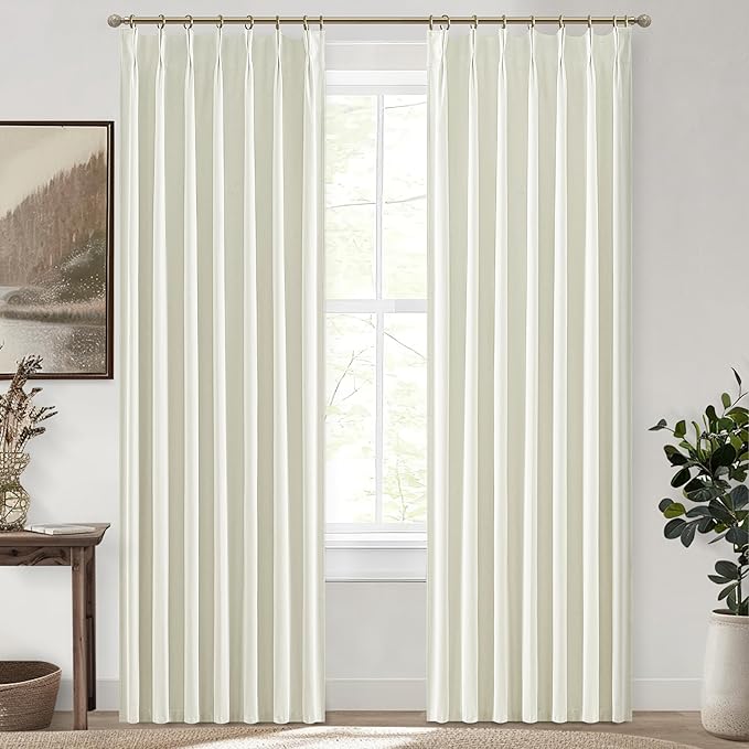 Ivory White Pinch Pleated Complete Blackout Curtains & Drapes 108 Inches Long 2 Panels Set, Flax Linen Room Darkening Soundproof Window Curtains with Hooks Rings for Bedroom Living Room Track System